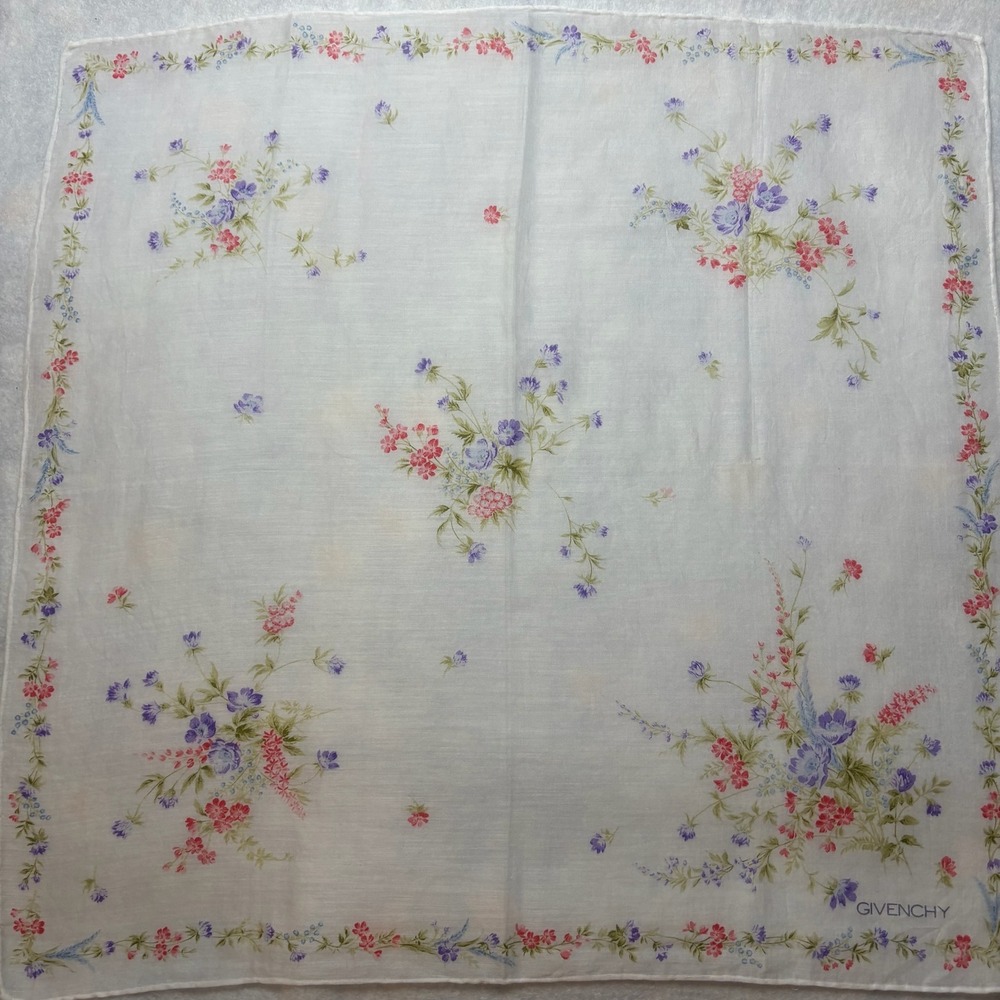 VTG GIVENCHY Scarf Handkerchief Floral Cotton White Pink Purple 18in